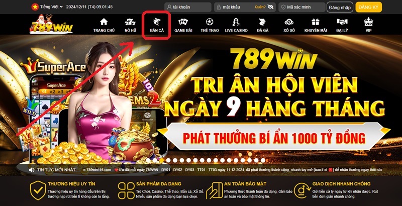 Sau khi đăng nhập, chọn tab Bắn Cá của trang nhà cái